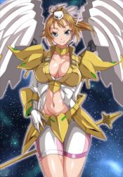 Rule 34 | 10s, 1girl, arm behind back, armor, bike shorts, blue eyes, blush, breasts, breasts apart, brown hair, choker, closed mouth, clothing cutout, commentary request, cowboy shot, elbow gloves, faulds, gauntlets, gloves, gundam, gundam build fighters, gundam build fighters try, headset, hoshino fumina, large breasts, legs together, looking at viewer, mecha musume, mechanical wings, navel, navel cutout, ozaneko, ponytail, shiny clothes, shiny skin, smile, solo, staff, standing, star (symbol), starry background, super fumina, wings