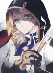 Rule 34 | 1boy, absurdres, albedo (genshin impact), blonde hair, blue shirt, branch, closed mouth, genshin impact, gloves, green eyes, hair between eyes, highres, holding, hood, hood up, hooded jacket, jacket, long hair, male focus, shirt, signature, simple background, solo, upper body, vision (genshin impact), zoo min