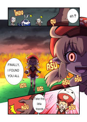 Rule 34 | 1girl, :d, absurdres, abyss mage (genshin impact), ahoge, arms up, atawatsho, blonde hair, cabbie hat, carrying, clover print, commentary, crazy eyes, crazy smile, english commentary, english text, fire, genshin impact, glowing, glowing eye, hair between eyes, hat, highres, hilichurl (genshin impact), jumpy dumpty, klee (genshin impact), long hair, looking at viewer, low twintails, open mouth, pointy ears, red eyes, scared, shade, sidelocks, smile, trembling, twintails, walking