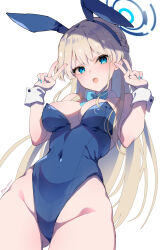 Rule 34 | 1girl, animal ears, ariko youichi, bare shoulders, blonde hair, blue archive, blue eyes, blue leotard, blush, bow, bowtie, braid, breasts, cleavage, covered navel, curvy, detached collar, double v, earpiece, fake animal ears, french braid, halo, highleg, highleg leotard, highres, leotard, long hair, looking at viewer, medium breasts, open mouth, playboy bunny, rabbit ears, solo, thighhighs, thighs, toki (blue archive), toki (bunny) (blue archive), v, white thighhighs, wide hips, wrist cuffs