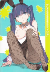Rule 34 | 10s, 1girl, alternate hairstyle, animal ears, arm support, blue eyes, blue hair, bow, bowtie, breasts, detached collar, english text, fake animal ears, fishnet pantyhose, fishnets, hairband, highres, long hair, matching hair/eyes, morii shizuki, multicolored hair, nipples, panty &amp; stocking with garterbelt, pantyhose, pink hair, playboy bunny, rabbit ears, scan, solo, stocking (psg), twintails, two-tone hair, very long hair, wrist cuffs