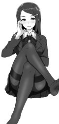 Rule 34 | 1girl, absurdres, blazer, blush, cat hair ornament, convenient leg, feet, greyscale, hair ornament, hairclip, highres, jacket, crossed legs, mole, mole under mouth, monochrome, no shoes, open mouth, pantyhose, pleated skirt, school uniform, simple background, sitting, skirt, smile, solo, sukebewe, thighband pantyhose, upskirt, white background
