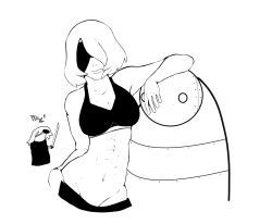 Rule 34 | abs, breasts, cleavage, covered eyes, florkofcows, greyscale, highres, holding, holding sword, holding weapon, leaning on person, medium breasts, monochrome, navel, nier (series), nier:automata, short hair, signature, sports bra, sword, weapon, 2b (nier:automata)