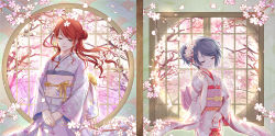 Rule 34 | 2girls, blue hair, cherry blossoms, closed eyes, highres, japanese clothes, kimono, long hair, multiple girls, obi, original, own hands together, red hair, sash, sekai company, short hair, syrinxwell311, wide sleeves, wind, window