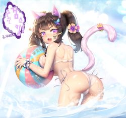 Rule 34 | 1girl, :3, :d, animal ear fluff, animal ears, artist name, ass, back, bad id, bad pixiv id, ball, bare arms, bare shoulders, beachball, bikini, blunt bangs, blush, breast press, breasts, brown hair, butterfly hair ornament, cameltoe, cat ears, cat tail, choker, cowboy shot, eyebrows, from behind, glint, hair ornament, hairclip, highres, holding, holding ball, korean text, large breasts, looking at viewer, muloli, multicolored eyes, open mouth, original, partially submerged, purple eyes, ribbon, shiny skin, short hair, side-tie bikini bottom, sideboob, slit pupils, smile, solo, splashing, standing, sul-lin-a (hurukku), swimsuit, tail, tattoo, twintails, wading, water, water drop, wet, white bikini, white ribbon, wrist cuffs, x hair ornament, yellow eyes