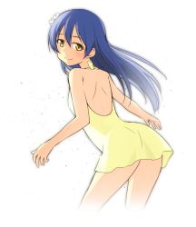 Rule 34 | 1girl, back, blue hair, closed mouth, commentary request, cowboy shot, dress, from behind, hair between eyes, halter dress, halterneck, long hair, looking at viewer, love live!, love live! school idol festival, love live! school idol project, nanotsuki, one-hour drawing challenge, one-piece swimsuit, otonokizaka school uniform, school uniform, simple background, smile, solo, sonoda umi, swimsuit, white background, yellow eyes, yellow one-piece swimsuit