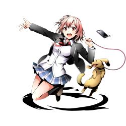 Rule 34 | 10s, 1girl, :d, alpha transparency, black jacket, black legwear, brown footwear, cellphone, divine gate, dog, dress shirt, full body, holding, iphone, jacket, miniskirt, neck ribbon, official art, open clothes, open jacket, open mouth, outstretched arm, phone, pink hair, pleated skirt, red eyes, red ribbon, ribbon, school uniform, shadow, shirt, shoes, short hair, skirt, smartphone, smile, solo, transparent background, ucmm, w, white shirt, yahari ore no seishun lovecome wa machigatteiru., yuigahama yui