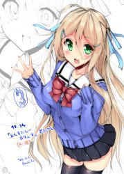 Rule 34 | 1girl, :d, ahoge, black skirt, blonde hair, blue cardigan, blue ribbon, bow, bowtie, cardigan, commentary request, copyright request, dated, green eyes, hair ribbon, long sleeves, mokufuu, open mouth, pleated skirt, red bow, red bowtie, ribbon, school uniform, skirt, smile, solo, translation request, twitter username, white background, zoom layer