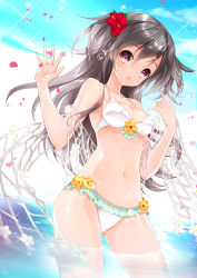 Rule 34 | 1girl, :o, bare arms, bare shoulders, bikini, black hair, breasts, cleavage, collarbone, cowboy shot, day, flower, frilled bikini, frills, hair between eyes, hair flower, hair ornament, hibiscus, juna, long hair, looking at viewer, medium breasts, navel, ocean, open mouth, original, outdoors, partially submerged, purple eyes, solo, swimsuit, wading, water, white bikini