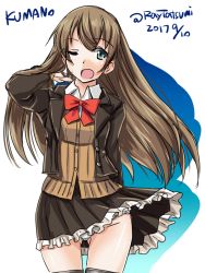 Rule 34 | 10s, 1girl, ;o, blue eyes, brown hair, brown skirt, character name, cowboy shot, dated, hair down, kantai collection, kumano (kancolle), one eye closed, panties, pleated skirt, ponytail, ribbon, school uniform, skirt, solo, tatsumi ray, twitter username, underwear, white background, white panties, wind, wind lift