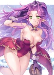 Rule 34 | 1girl, angela (seiken densetsu 3), bare shoulders, breasts, choker, cleavage, closed mouth, collarbone, commentary request, earrings, gloves, green eyes, hand up, hat, jewelry, large breasts, long hair, purple choker, purple gloves, purple hair, purple hat, sanom, seiken densetsu, seiken densetsu 3, smile, snow, solo, thighs
