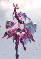 Rule 34 | 1girl, airborne, alice gear aegis, arm up, black skirt, boots, breasts, floating, floating object, floating weapon, highres, holding, holding shield, holding sword, holding weapon, ichijou ayaka, karappo (keith8387), looking at viewer, mecha musume, pleated skirt, purple eyes, purple hair, shield, skirt, sky, small breasts, solo, sword, thigh boots, thighhighs, thrusters, twintails, weapon, zettai ryouiki