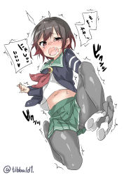 Rule 34 | 10s, 1girl, bad id, bad twitter id, black pantyhose, blush, crescent, crescent pin, disembodied hand, ebifurya, eyebrows, feet, full body, gradient hair, green skirt, heart, highres, inactive account, jacket, kantai collection, knee up, leaning back, long sleeves, multicolored hair, mutsuki (kancolle), navel, neckerchief, no shoes, open mouth, pantyhose, pleated skirt, red eyes, remodel (kantai collection), school uniform, serafuku, short hair, simple background, sitting, skirt, soles, solo focus, spoken heart, stomach, sweat, tears, trembling, two-tone hair, white background