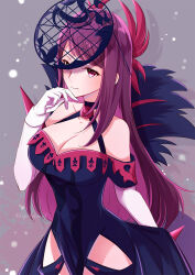 Rule 34 | 1girl, bare shoulders, black choker, blue dress, breasts, choker, cleavage, cowboy shot, dress, fascinator, female focus, fire emblem, fire emblem engage, gloves, grey background, hand up, highres, ivy (fire emblem), large breasts, long hair, looking at viewer, matching hair/eyes, mole, mole under mouth, nintendo, off-shoulder dress, off shoulder, purple eyes, purple hair, short sleeves, smile, solo, standing, twitter username, very long hair, watermark, white gloves, yutohiroya
