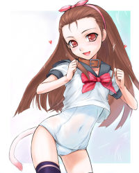 Rule 34 | 00s, 1girl, brown eyes, brown hair, collar, idolmaster, idolmaster (classic), idolmaster 1, long hair, minase iori, no pants, one-piece swimsuit, ribbon, rona, school swimsuit, school uniform, serafuku, solo, swimsuit, swimsuit under clothes, tail, thighhighs, white school swimsuit, white one-piece swimsuit