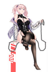 Rule 34 | 1girl, absurdres, artist request, bdsm, black pantyhose, black thighhighs, bodysuit, bondage outfit, breasts, chain, chain leash, chained, cleavage, collar, crossed legs, highres, jacket, large breasts, latex, latex bodysuit, leash, legs, leotard, long sleeves, looking at viewer, no shoes, off shoulder, open clothes, open jacket, original, pantyhose, pink hair, purple eyes, soles, solo, thighhighs, twintails, white jacket