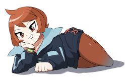 Rule 34 | 1girl, arezu (pokemon), blue jacket, blush stickers, bracelet, brown eyes, brown hair, brown pantyhose, collarbone, commentary request, cowlick, creatures (company), diamond clan outfit, full body, game freak, gradient legwear, grey pantyhose, grin, hand on own chin, head rest, highres, jacket, jewelry, long sleeves, looking at viewer, lying, nintendo, on side, orange hair, pantyhose, pokemon, pokemon legends: arceus, short hair, simple background, smile, solo, tento (1010), white background