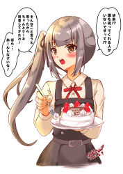 Rule 34 | 1girl, brown eyes, cake, commentary request, dress, food, grey hair, hokuna rin, kantai collection, kasumi (kancolle), kasumi kai ni (kancolle), long hair, long sleeves, looking at viewer, neck ribbon, pinafore dress, red ribbon, ribbon, shirt, side ponytail, simple background, sleeveless, sleeveless dress, solo, translation request, upper body, white background, white shirt