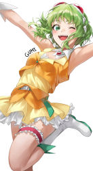Rule 34 | 1girl, ;d, absurdres, armpits, arms up, belt, blush, boots, bridal garter, character name, clothing cutout, collared shirt, coppepan, crop top, cropped vest, frills, gem, goggles, goggles on head, green eyes, green hair, gumi, headphones, highres, jewelry, layered clothes, looking at viewer, necklace, one eye closed, open mouth, petticoat, shirt, short hair, skirt, smile, solo, standing, standing on one leg, vest, vocaloid, wrist cuffs