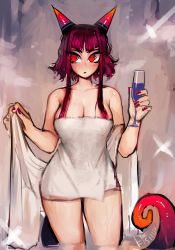 Rule 34 | 1girl, absurdres, artist name, breasts, champagne flute, collarbone, commentary, cowboy shot, cup, drinking glass, english commentary, highres, holding, holding cup, horns, large breasts, matilda fiship, nail polish, naked towel, original, pink hair, red eyes, red nails, short hair with long locks, sidelocks, sketch, solo, tail, towel, wet, wet hair