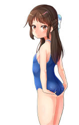 Rule 34 | 10s, 1girl, adjusting clothes, adjusting swimsuit, ass, blush, bow, brown eyes, brown hair, competition school swimsuit, flat ass, from side, hair bow, half updo, highres, idolmaster, idolmaster cinderella girls, long hair, looking back, memume, one-piece swimsuit, school swimsuit, simple background, solo, swimsuit, tachibana arisu, white background