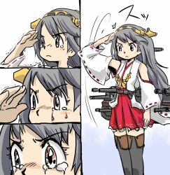 Rule 34 | 10s, 1girl, 4koma, boots, comic, crying, crying with eyes open, hair ornament, hairband, haruna (kancolle), kantai collection, nontraditional miko, ohyo, personification, pleated skirt, salute, skirt, tears, thigh boots, thighhighs, zettai ryouiki