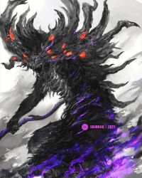 Rule 34 | commentary, dark souls (series), dark souls i, dated, english commentary, extra eyes, highres, looking at viewer, manus father of the abyss, monster, no humans, open mouth, purple theme, shimhaq, signature