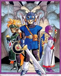 Rule 34 | 1990s (style), 1993, 1girl, 2boys, ankle boots, back-to-back, belt, belt buckle, belt pouch, blonde hair, blue eyes, bodysuit, boots, border, buckle, cape, chunsoft, colored sclera, curly hair, demon, dragon, dragon quest, dragon quest ii, enix, fantasy, frown, full body, gem, gloves, goggles, goggles on headwear, head wings, holding, holding weapon, hood, horns, light smile, long hair, long sleeves, looking at viewer, looking back, monster, monster request, multiple boys, official art, open mouth, parted bangs, pinky out, pouch, prince of lorasia, prince of samantoria, princess of moonbrook, rapier, red eyes, retro artstyle, robe, scabbard, scales, scepter, serious, sheath, shield, short hair, sidoh, smile, spiked hair, square enix, staff, standing, sword, tabard, teeth, toriyama akira, traditional media, tunic, turtleneck, weapon, wings, yellow sclera