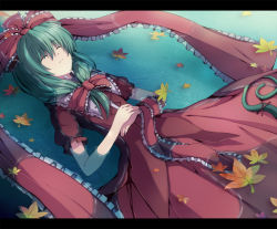 1girl 6u_(eternal_land) bad_id bad_pixiv_id female_focus front_ponytail green_hair hair_ribbon kagiyama_hina kiyu leaf md5_mismatch ribbon short_hair solo touhou water