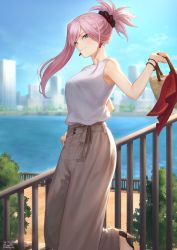 Rule 34 | 1girl, alternate costume, bag, blue eyes, blue sky, blush, breasts, casual, cityscape, contemporary, day, earrings, fate/grand order, fate (series), grey pants, hair ornament, high-waist pants, high heels, highres, jewelry, large breasts, long hair, looking at viewer, mashuu (neko no oyashiro), miyamoto musashi (fate), outdoors, pants, pink hair, ponytail, railing, shirt, sky, sleeveless, smile, solo, swept bangs, tree, white shirt