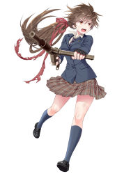 Rule 34 | 1girl, blazer, brown eyes, brown hair, dmm, fingerless gloves, foreshortening, gloves, gun, hair ribbon, highres, houriigurei, jacket, lapel pin, loafers, long hair, looking to the side, matching hair/eyes, open mouth, plaid, plaid skirt, ribbon, running, school uniform, shoes, shooting girl, simple background, skirt, solo, sten (weapon), submachine gun, sweat, weapon, white background