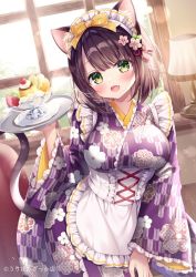 Rule 34 | 1girl, :d, animal ear fluff, animal ears, apron, black hair, blush, bow, breasts, cat ears, cat girl, cat tail, cherry, commentary request, day, fang, floral print, food, frilled apron, frills, fruit, green eyes, hair bow, holding, holding tray, indoors, japanese clothes, kimono, long sleeves, looking at viewer, maid, maid day, maid headdress, medium breasts, mitsuba choco, open mouth, original, print kimono, pudding, purple kimono, smile, solo, tail, tray, wa maid, white apron, wide sleeves, window, yagasuri, yellow bow