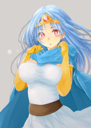 Rule 34 | 1girl, :o, blue eyes, blush, breasts, cape, circlet, dragon quest, dragon quest iii, earrings, elbow gloves, female focus, gloves, highres, jewelry, large breasts, long hair, looking at viewer, maru-pen, red eyes, sage (dq3), simple background, solo, yellow gloves