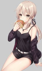 Rule 34 | 1girl, arm support, artoria pendragon (all), artoria pendragon (fate), bad id, bad pixiv id, bare shoulders, belt, black jacket, black shirt, black shorts, breasts, brown eyes, brown hair, burger, camisole, cleavage, collarbone, commentary request, fate/grand order, fate (series), food, grey background, hair ribbon, hand up, harimoji, holding, holding food, invisible chair, jacket, jewelry, long hair, long sleeves, looking at viewer, low ponytail, medium breasts, necklace, off shoulder, official alternate costume, open clothes, open jacket, ribbon, saber alter, saber alter (ver. shinjuku 1999) (fate), shirt, short shorts, shorts, sidelocks, sitting, sleeveless, sleeveless shirt, solo, thighs