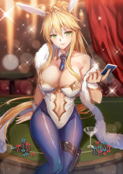 Rule 34 | 1girl, animal ears, artoria pendragon (all), artoria pendragon (fate), artoria pendragon (swimsuit ruler) (fate), blonde hair, blue necktie, blue pantyhose, breasts, card, casino card table, clothing cutout, cocktail glass, commentary, commission, cup, detached collar, drinking glass, english commentary, fake animal ears, fate/grand order, fate (series), feather boa, fishnet pantyhose, fishnets, green eyes, highres, holding, holding card, large breasts, leotard, long hair, luzi, navel, navel cutout, necktie, pantyhose, playboy bunny, playing card, poker chip, ponytail, rabbit ears, sidelocks, sitting, solo, table, very long hair, white leotard, wrist cuffs