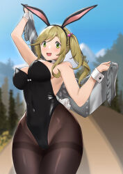 Rule 34 | 1girl, animal ears, bare shoulders, black leotard, black pantyhose, blue sky, breasts, cleavage, curvy, fang, green eyes, highres, inuyama aoi, large breasts, leotard, light brown hair, long hair, mountain, open mouth, pantyhose, persocon93, playboy bunny, rabbit ears, side ponytail, sky, solo, thick eyebrows, thick thighs, thighs, tree, wide hips, yurucamp