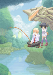 Rule 34 | 1boy, 1girl, fishing, glasses, kanna ryouto, leggings, multicolored clothes, multicolored legwear, nature, necktie, original, outdoors, pantyhose, scenery, shadow, socks, striped clothes, striped pantyhose, striped thighhighs, thighhighs