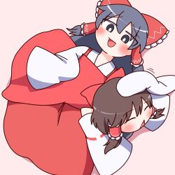 Rule 34 | 2girls, :d, black eyes, black hair, blush, bow, bright pupils, brown hair, closed eyes, commentary request, cookie (touhou), dress, frilled bow, frilled hair tubes, frills, full body, hair bow, hair tubes, hakurei reimu, highres, hotaruda (cookie), long hair, medium bangs, medium hair, multiple girls, open mouth, pink background, red bow, red dress, sakenomi (cookie), sidelocks, sleeves past fingers, sleeves past wrists, smile, touhou, triangle mouth, white pupils, white sleeves, wide sleeves, y75zei