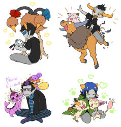Rule 34 | 1girl, 3boys, 3d glasses, animal ears, black-framed eyewear, black hair, cat ears, claws, clefairy, coat, colored sclera, colored skin, creatures (company), crossover, doduo, eridan ampora, fang, fangs, fingerless gloves, game freak, gen 1 pokemon, gen 3 pokemon, glasses, gloves, grey skin, heart, homestuck, horns, magnemite, meowth, mihirahira, mohawk, mudkip, multiple boys, multiple heads, multiple tails, nepeta leijon, nintendo, open mouth, oversized clothes, pokemon, pokemon (creature), scarf, short hair, sitting, skitty, smile, sollux captor, striped clothes, striped scarf, tail, tauros, tavros nitram, trait connection, vaporeon, yellow sclera