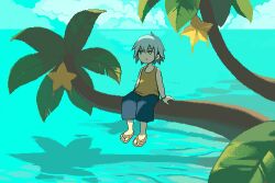 1boy aged_down aqua_eyes blue_shorts blue_sky child cloud cloudy_sky commentary day english_commentary expressionless flip-flops food fruit fruit_tree full_body grey_hair kingdom_hearts leaf lowres male_focus ocean on_tree palm_tree riku_(kingdom_hearts) sandals shadow short_hair shorts sitting sky snoozaga solo tank_top tree tree_shade yellow_footwear yellow_tank_top