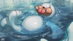 Rule 34 | afloat, commentary request, creatures (company), fangs, game freak, gen 1 pokemon, highres, ice, nintendo, no humans, pokemon, pokemon (creature), seel, solo, spareribs, tongue, tongue out, water, watermark