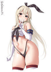 Rule 34 | 1girl, bare shoulders, black panties, black ribbon, blonde hair, blue sailor collar, blush, breasts, commentary request, cropped legs, cropped shirt, ebifurya, elbow gloves, gloves, grey eyes, hair between eyes, hair ribbon, highleg, highleg panties, highres, kantai collection, navel, neckerchief, no pants, one-hour drawing challenge, panties, red thighhighs, ribbon, sailor collar, shimakaze (kancolle), shirt, simple background, skindentation, sleeveless, sleeveless shirt, small breasts, solo, stomach, striped clothes, striped thighhighs, thighhighs, thighs, thong, twitter username, underwear, w, white background, white gloves, white shirt, white thighhighs