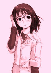 Rule 34 | 00s, 1girl, androgynous, flat chest, genshiken, glasses, monochrome, ogiue chika, pink background, sakaki imasato, simple background, sleeves rolled up, solo