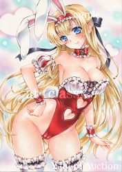 Rule 34 | 1girl, absurdres, animal ears, at classics, blonde hair, blue eyes, bow, breasts, cameltoe, cleavage, cleft of venus, clothing cutout, cowboy shot, fake animal ears, frilled thighhighs, frills, half updo, hand on own hip, head tilt, heart, heart cutout, highres, large breasts, leotard, long hair, navel, navel cutout, original, playboy bunny, rabbit ears, sample watermark, solo, thick thighs, thighhighs, thighs, very long hair, watermark, white thighhighs