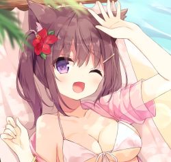 Rule 34 | 1girl, ;d, animal ear fluff, animal ears, arm up, bikini, bikini under clothes, blurry, blurry foreground, breasts, brown hair, cat ears, cleavage, collarbone, commentary request, day, depth of field, fang, flower, front-tie bikini top, front-tie top, hair flower, hair ornament, hairclip, hoshi (snacherubi), jacket, large breasts, long hair, off shoulder, one eye closed, open clothes, open jacket, open mouth, original, outdoors, pink jacket, purple eyes, red flower, see-through, short sleeves, smile, solo, swimsuit, twintails, upper body, water, white bikini