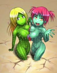 Rule 34 | 2girls, :d, bad id, bad pixiv id, blonde hair, breast press, breasts, cactus, colored skin, flower, green skin, holding hands, ichiba youichi, interlocked fingers, large breasts, long hair, looking at viewer, monster girl, multiple girls, navel, nude, open mouth, original, pink hair, plant girl, short hair, smile, symmetrical docking, twintails