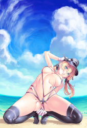 Rule 34 | 10s, 1girl, anchor hair ornament, arm up, ass, beach, bikini, black thighhighs, blonde hair, blush, breasts, cleavage, cloud, covered erect nipples, cross, day, gloves, hair ornament, hat, highres, honzawa yuuichirou, iron cross, kantai collection, kneeling, large breasts, long hair, looking at viewer, navel, ocean, outdoors, peaked cap, prinz eugen (kancolle), revision, sky, slingshot swimsuit, smile, solo, spread legs, swastika, sweat, swimsuit, thighhighs, twintails, water, white gloves