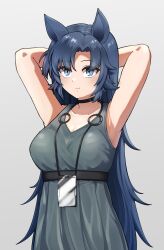 Rule 34 | 1girl, absurdres, animal ears, arknights, armpits, arms behind head, arms up, belt, black belt, black choker, blue eyes, blue hair, breasts, chest belt, choker, cjrb1228, cleavage, closed mouth, collarbone, commentary request, cowboy shot, dress, fang (arknights), gradient background, grey background, grey dress, hair intakes, high belt, highres, korean commentary, large breasts, long hair, looking at viewer, parted bangs, pinafore dress, pleated dress, scoop neck, sleeveless, sleeveless dress, solo, standing