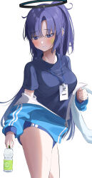 Rule 34 | 1girl, absurdres, blue archive, blue buruma, blue eyes, blue hair, blue jacket, blue shirt, blush, bottle, breasts, buruma, commentary request, cowboy shot, halo, highres, holding, holding bottle, jacket, jacket partially removed, long hair, long sleeves, looking down, mechanical halo, medium breasts, official alternate costume, ponytail, shirt, short sleeves, shumpi, shy, simple background, solo, star sticker, sticker on face, sweat, thighs, water bottle, white background, yuuka (blue archive), yuuka (track) (blue archive)