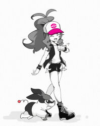 Rule 34 | 1girl, :d, bare arms, bare legs, baseball cap, black footwear, black vest, boots, bracelet, c6h14o0918, closed eyes, creatures (company), cross-laced footwear, from side, full body, game freak, gen 5 pokemon, greyscale, happy, hat, highres, hilda (pokemon), jewelry, long hair, looking at another, monochrome, nintendo, notice lines, open mouth, pig, poke ball print, pokemon, pokemon (creature), pokemon bw, ponytail, print headwear, shirt, short shorts, shorts, simple background, sleeveless, sleeveless jacket, smile, spot color, standing, tepig, vest, walking, white background